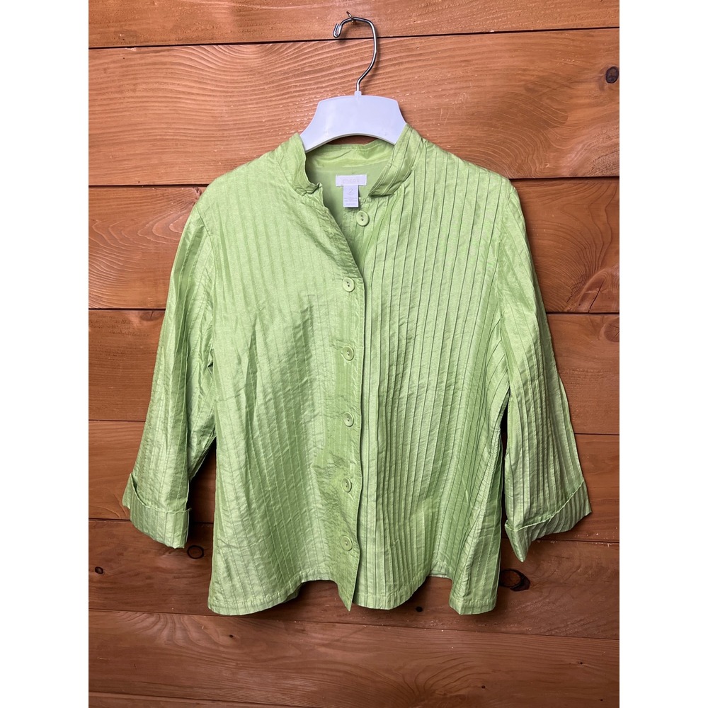 Chicos Lime Green Pleated Mandarin Collar 3/4 Sleeve Button Up Shirt Top Blazr 2